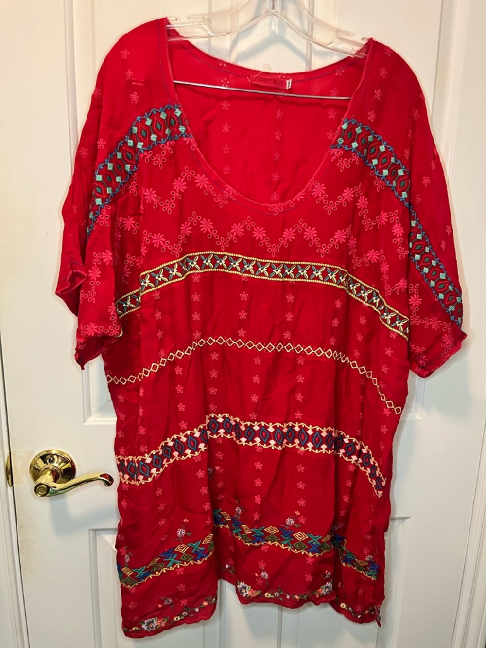 Johnny Was Red Embroidered Eyelet Scoop Neck Scallop Hem Tunic Sz XXL